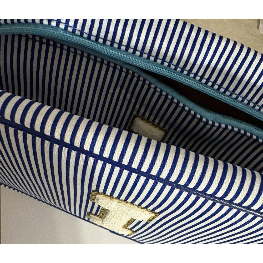 2 NEW Navy Blue & White Striped Fabric Bags Zipper, Makeup, Craft, Monogram 'I'